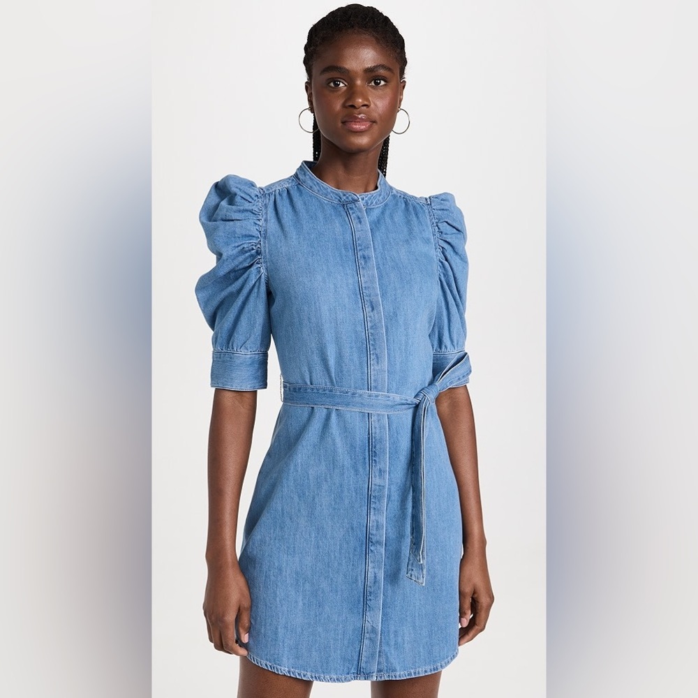 FRAME Denim Gillian Mini Denim Dress in Bluebird with Puff Sleeves | Size Large